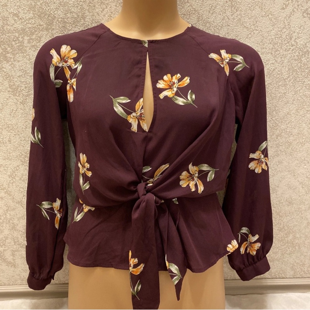 Timing Dark Purple Floral Tie-Front Blouse